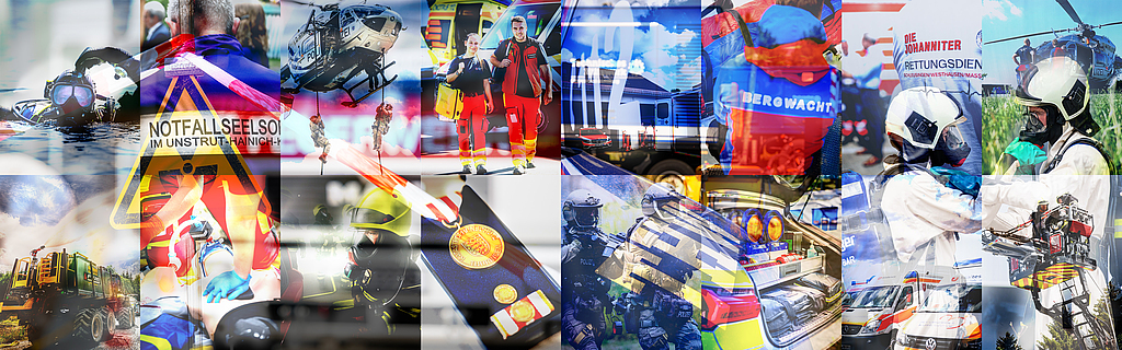Fotomontage von mehreren Einsätzen der Feuerwehr und Polizei