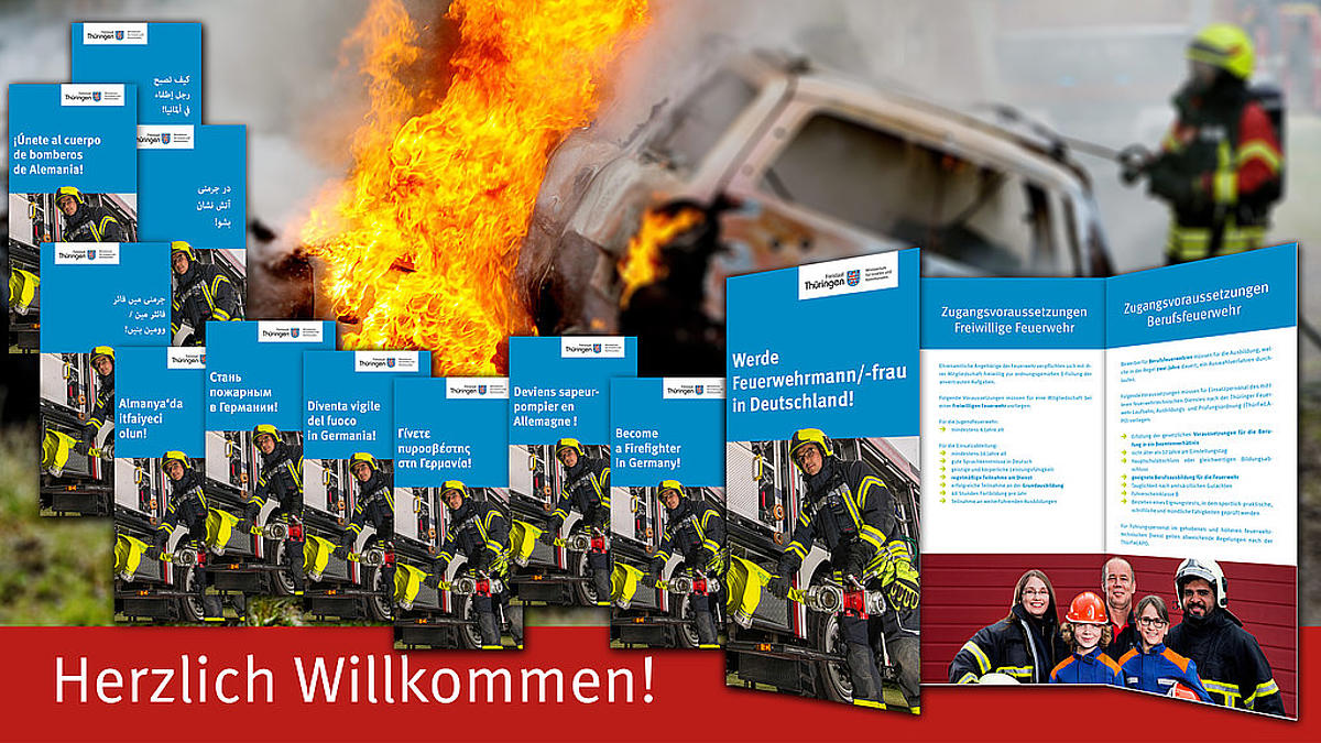 Übersicht des Flyers zur Feuerwehr in verschiedenen Sprachen Übersicht des Flyers zur Feuerwehr in verschiedenen Sprachen