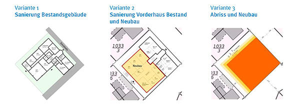 Planungsskizzen der 3 verschiedenen Varianten zum Umbau des Bildungscampus Großbreitenbach