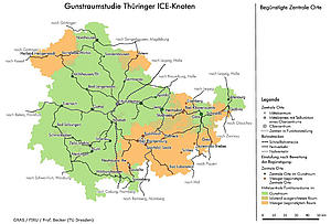 Kartendarstellung von Thüringen auf der die begünstigten und nicht begünstigen Regionen der ICE-Anbindung zu sehen sind