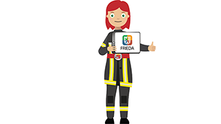 Maskottchen der Feuerwehr-App FRIEDA, das ein Tablet in der Hand hält.
